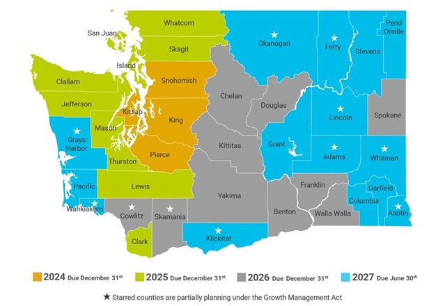 Washington State Department of Commerce map showing the comprehensive plan periodic update schedule for all counties in 2024, 2025, 2026, and 2027
