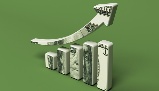 A series of 4 bars increasing in height with up arrow across the top