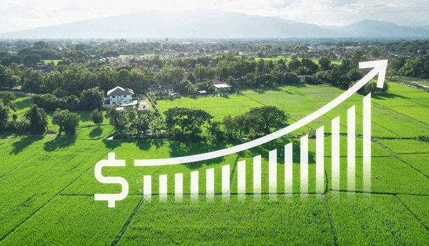 Aerial view of rural property showing graph of increasing dollar value